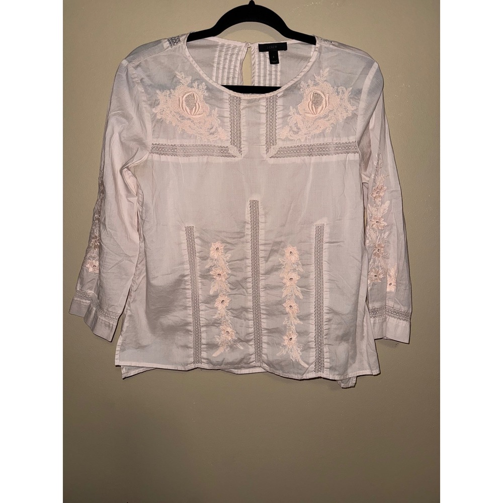 J.Crew Womens Pink Floral‎ Embroidered Lace Trim Cotton Blouse 2/xS cottagecore